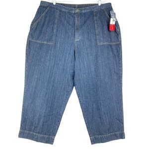 French Cuff Womens Capris Pants Plus Size 24W Elastic Back Cotton Blue High Rise